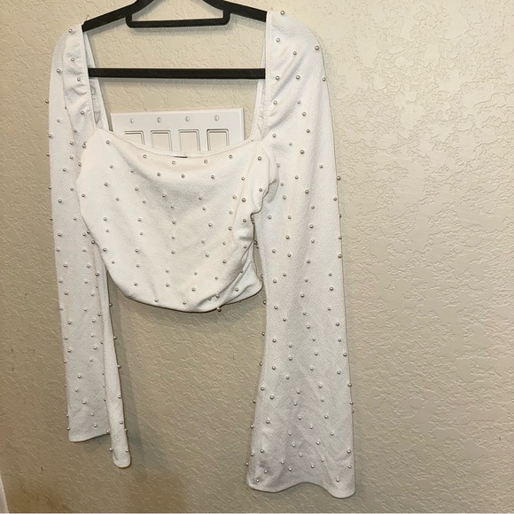 Windsor Large White Pearl Embellished Long Sleeve Crop Top Preppy Whimsical - Picture 4 of 7